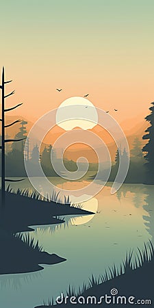 Minimalist River Landscape Illustration: Tranquil Swamp At Sunset Cartoon Illustration