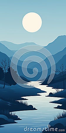 Minimalist River Painting In Dark Cyan And Light Blue Cartoon Illustration