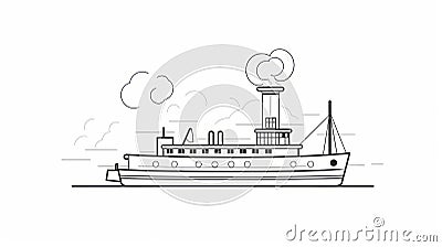 Minimalist Riverboat Ship Icon In Black Line Art Style Cartoon Illustration