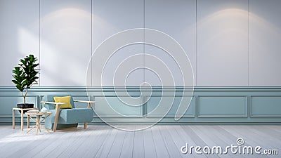 Minimalist room interior design,blue armchair and plant on white wall /3d render Stock Photo