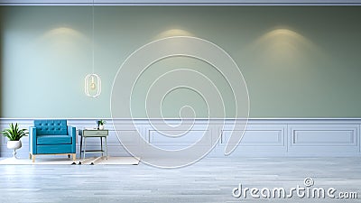 Vintage green room ,Minimalist interior , blue armchair with green mint table and white lamp on green wall and white wood floorin Stock Photo