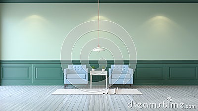 Vintage green room ,Minimalist interior ,light blue armchairs with green mint table and white lamp on green wall and white wood Stock Photo