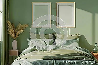 Concept Sage Green Bedroom Decor, Minimalist sage green bedroom decor with two frames above bed Stock Photo