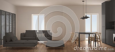 Minimalist scandinavian living room with kitchen and dining table, sofa, pouf and chaise longue, panoramic window, contemporary wh Stock Photo
