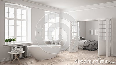 Minimalist scandinavian white bathroom with bedroom in the background, classic interior design Stock Photo