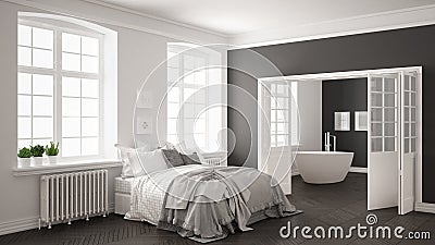 Minimalist scandinavian white bedroom with bathroom in the background, classic white and gray interior design Stock Photo