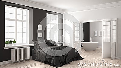 Minimalist scandinavian white bedroom with bathroom in the background, classic white and gray interior design Stock Photo