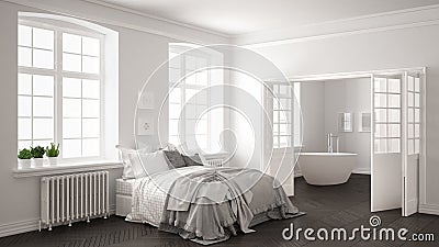 Minimalist scandinavian white bedroom with bathroom in the background, classic white and gray interior design Stock Photo