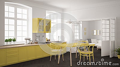 Minimalist scandinavian white kitchen with living room in the ba Stock Photo