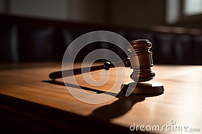 Symbol of Authority: Gavel on Wooden Table Stock Photo