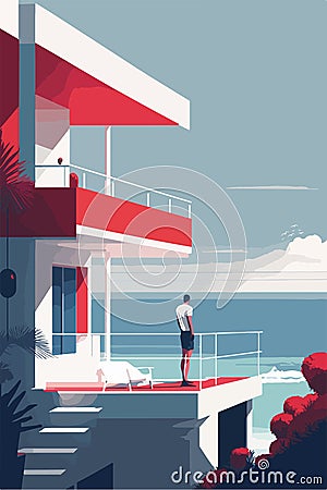 Minimalist scene man character enjoying sea landscape view on balcony or outdoor terrace, flat vector illustration. Cartoon Illustration