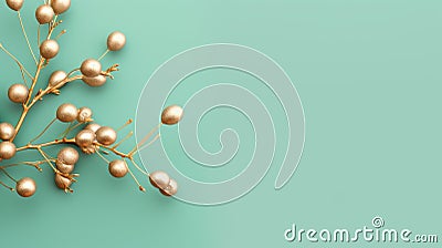Minimalist Sculpture: Gold Berries On Turquoise Background Stock Photo