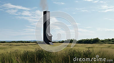 Minimalist Sculpture: Tall Chimney In Grass With Black Sky Stock Photo