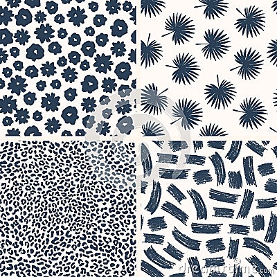 Minimalist seamless pattern collection. Set of ink and pencil textures. FLowers, palms, leopard, doodles. Vector Illustration