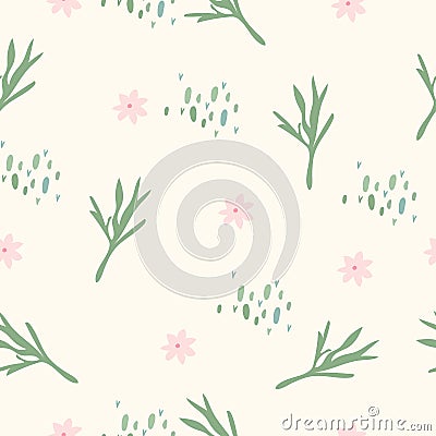 Minimalist seamless pattern with flowers and leaves. Bright, botanical pattern perfect for paper, cover, wallpaper Vector Illustration