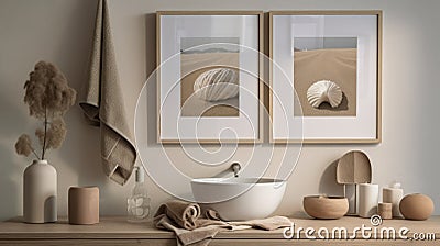 Minimalist Seashell Photo Frames For Bathroom Decor Stock Photo