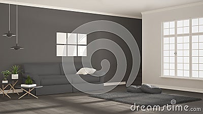 Minimalist simple clear living, scandinavian gray classic interior design Stock Photo