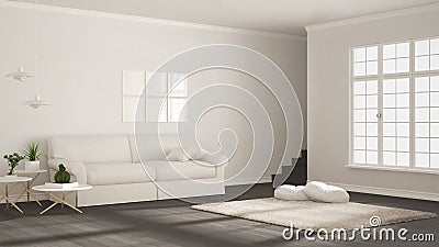 Minimalist simple clear living, white and gray, scandinavian classic interior design Stock Photo