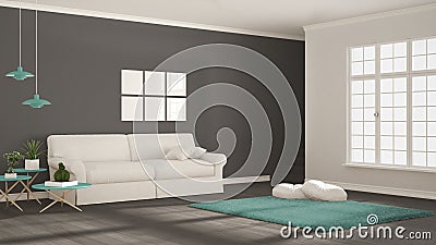 Minimalist simple clear living, white, gray and turquoise, scandinavian classic interior design Stock Photo