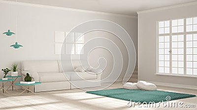Minimalist simple clear living, white and turquoise, scandinavia Stock Photo