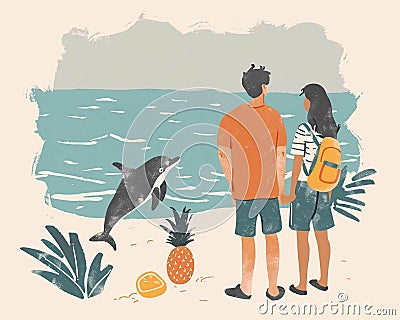 Minimalist sketch of a couple feeding a baby dolphin with pineapple slices by the sea ai generated Stock Photo