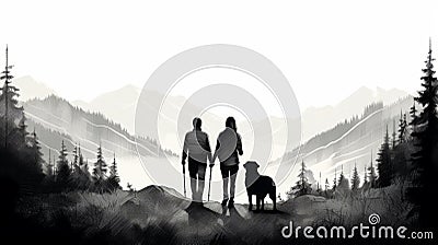 Minimalist Sketch Of Couple Hiking In The Wilderness With Dog Cartoon Illustration