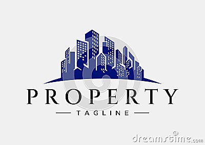 Minimalist skyscraper tower logo design. Luxury city building property logo. Vector Illustration