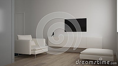 Minimalist small living room in one bedroom apartment, living room with sofa and pouf, tv rack, parquet floor, white interior Stock Photo