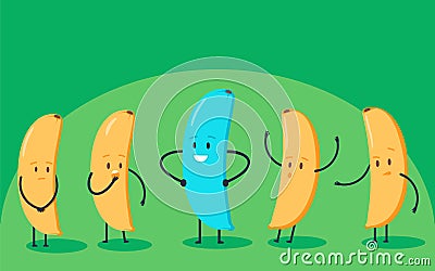 Minimalist stile blue banana changing color and yellow ones. New idea, change, trend, innovation and unique way concept. Cartoon Illustration