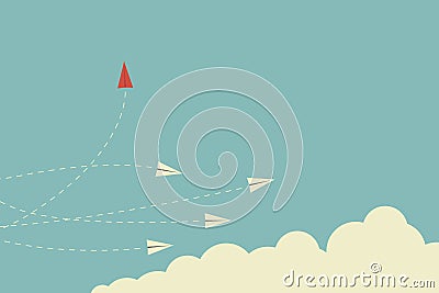 Red airplane changing direction and white ones. New idea, change, trend, courage, creative solution,business, inn Stock Photo