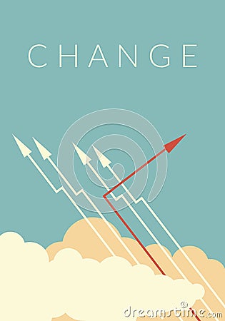 Red arrow changing direction and white ones. New idea, change, trend, courage, creative solution,business, innova Stock Photo