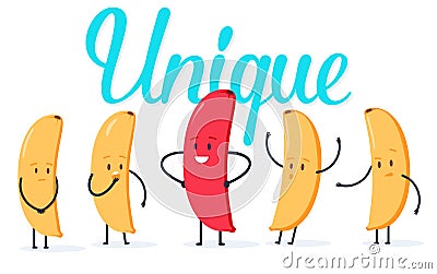 Minimalist stile red banana changing color and yellow ones. New idea, change, trend, innovation and unique way concept. Cartoon Illustration