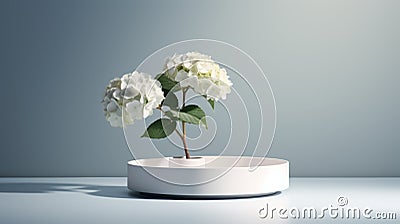 Minimalist Still Life: Hydrangea On White Circular Platform With Volumetric Lighting Stock Photo