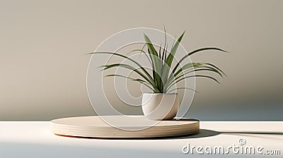 Minimalist Still Life: Yucca On White Circular Platform With Volumetric Lighting Stock Photo