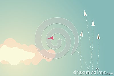 Minimalist style red airplane changing direction and ones. New idea, change, trend, courage, creative solution,business, Vector Illustration