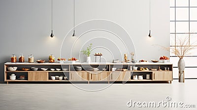 Conceptual Minimalism: Open Kitchen With Natural Wooden Elements Stock Photo