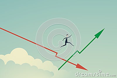 Minimalist style. vector business finance. Businessman jump on the growing green graph as he choosing the right decision and the Vector Illustration