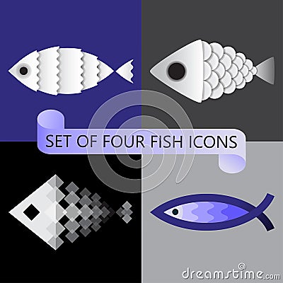 Minimalist vector set of four stylized fish icons Vector Illustration