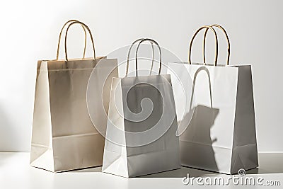 Minimalist, versatile composition three white paper bags of varying sizes and orientations Stock Photo