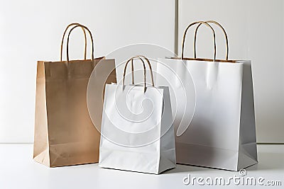 Minimalist, versatile composition three white paper bags of varying sizes and orientations Stock Photo