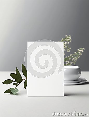 Minimalist vertical white blank of paper mockup on table. Simple empty 4x6 card for table number template. Generative AI Stock Photo