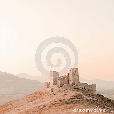 Minimalist view of an ancient castle perched on a hilltop during twilight with empty space for text placement Stock Photo