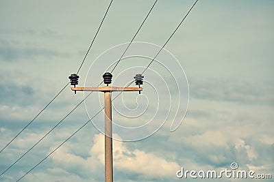 High voltage power electric pole, power lines and fuses Stock Photo