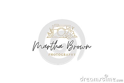 Minimalist vintage camera botanical blossom decor romantic feminine beauty blog line art logo vector Vector Illustration