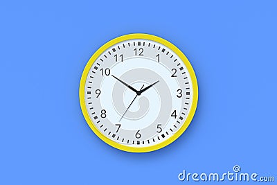 Minimalist wall clock on blue background. Time management. Coffee break. Home accessories. Flat lay Stock Photo