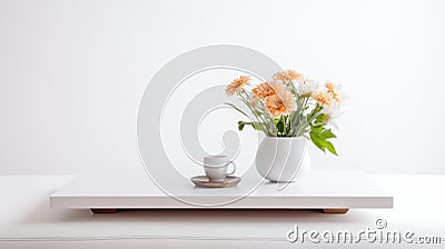 A minimalist white coffee table, adorned with a vibrant vase of orange flowers and a soothing cup of coffee, exuding a sense of Stock Photo