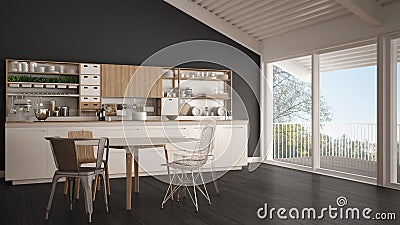 Minimalist white and gray wooden kitchen, big panoramic window, Stock Photo