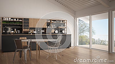 Minimalist white and gray wooden kitchen, big panoramic window, Stock Photo