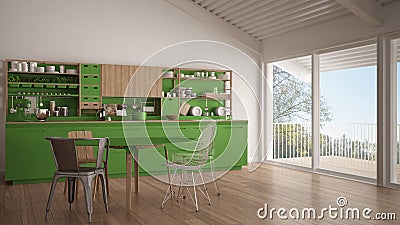 Minimalist white and green wooden kitchen, big panoramic window, classic scandinavian interior design Stock Photo