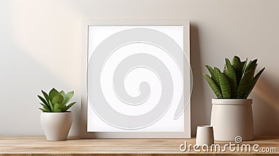 Minimalist White Picture Frame With Flattering Lighting And Plant Stock Photo